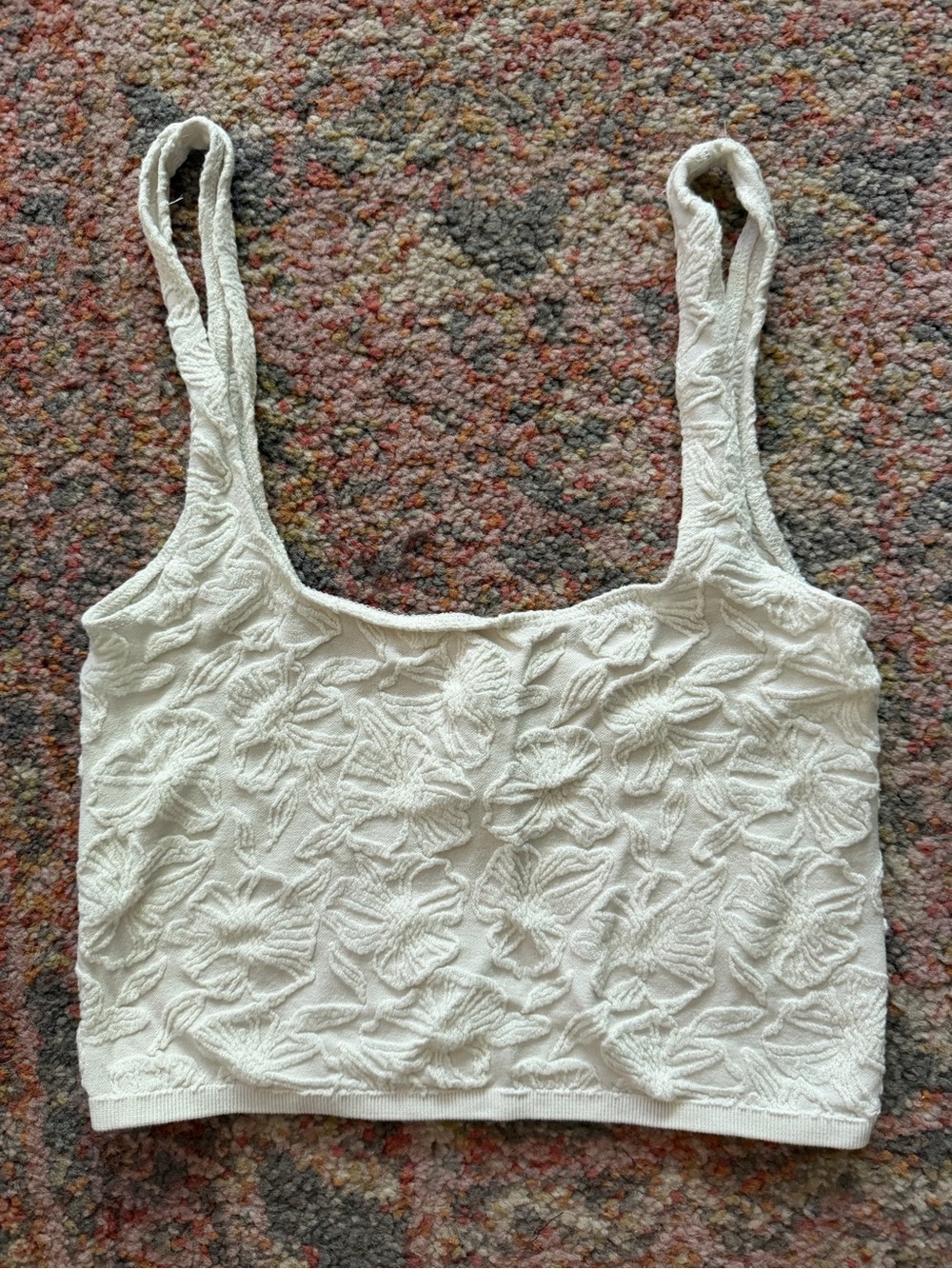 Anthropologie White Textured Floral Crop Tank